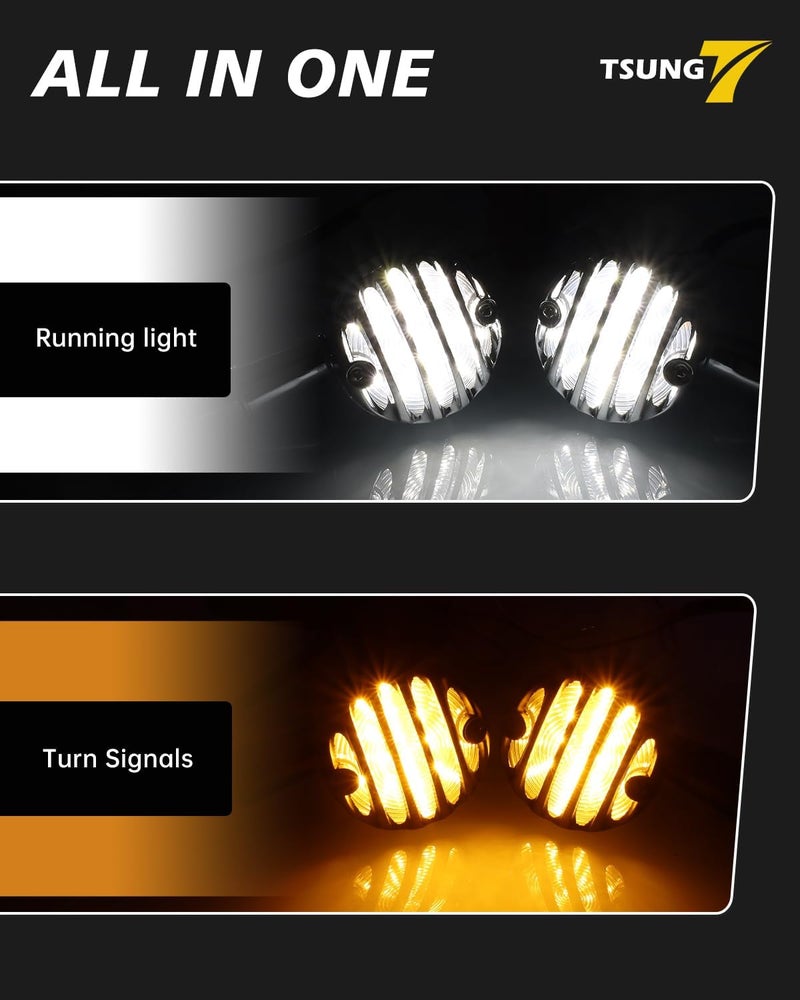 TSUNG Universal Grille Motorcycle LED Turn Signals Lights Front Rear Blinkers Tail Lights for Cruiser Chopper Bobber Cafe Racer Street Bike (Black-White&Amber) - Image 3